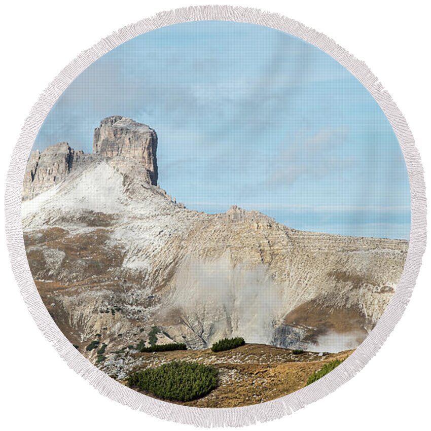 Dolomites Round Beach Towel featuring the photograph Mountain landscape of the picturesque Dolomites Torre dei Scarp by Michalakis Ppalis