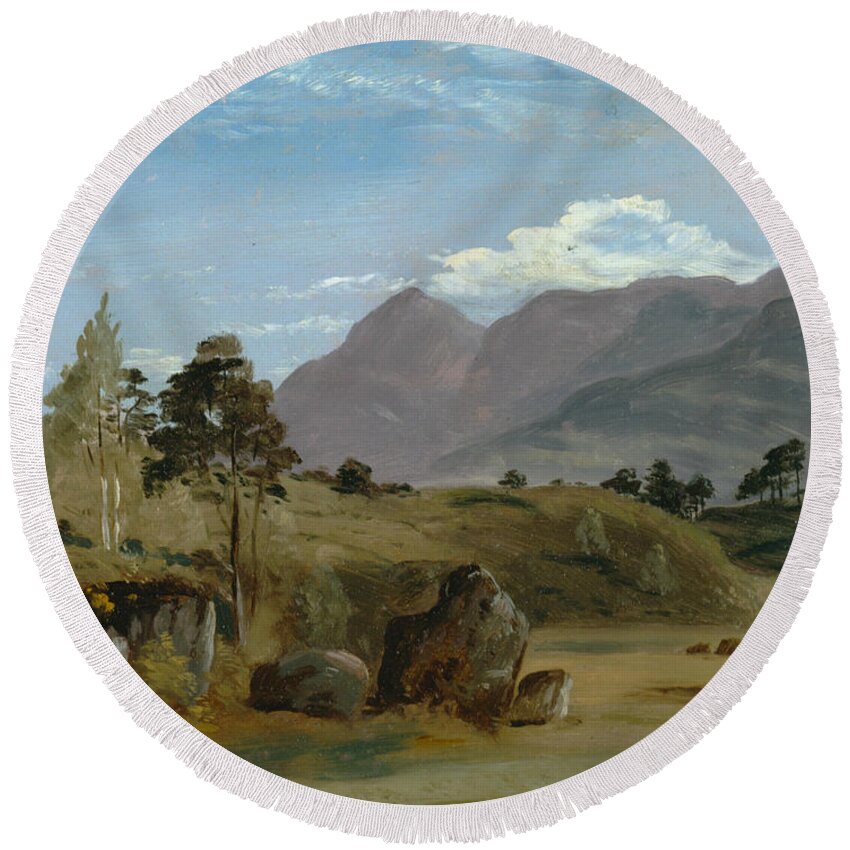 19th Century Art Round Beach Towel featuring the painting Mountain Landscape, possibly in the Lake District by Lionel Constable