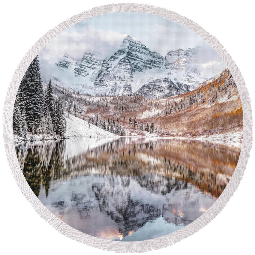 America Round Beach Towel featuring the photograph Mountain Landscape Reflections of Maroon Bells Colorado by Gregory Ballos