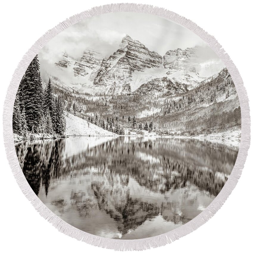 America Round Beach Towel featuring the photograph Mountain Landscape Reflections of Maroon Bells Colorado - Sepia by Gregory Ballos