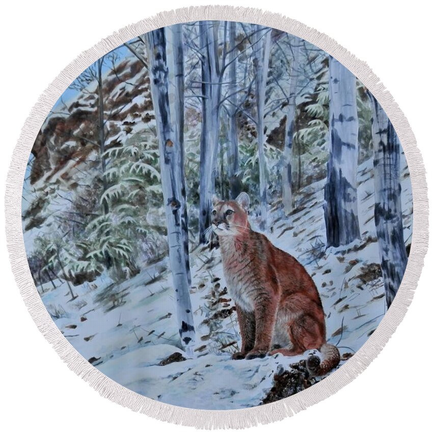 Mountain Lion Round Beach Towel featuring the painting Mountain Lion by John Neeve