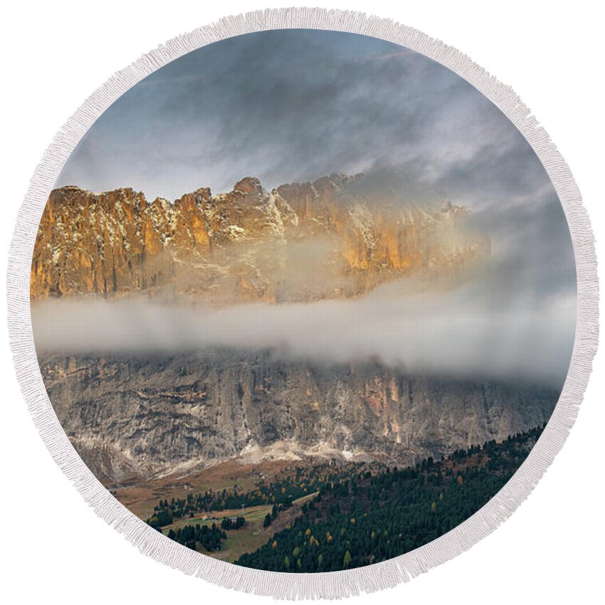 Dolomites Round Beach Towel featuring the photograph Mountain peaks of Langkofel or Saslonch, mountain range in the by Michalakis Ppalis