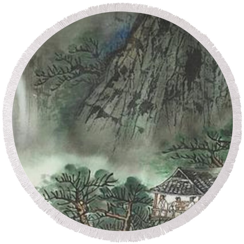 Chinese Watercolor Round Beach Towel featuring the painting Mountain Retreat by Jenny Sanders