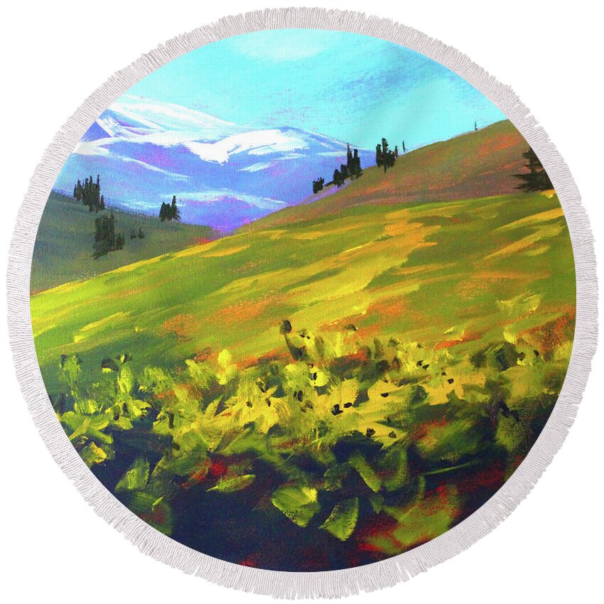 Alpine Field Round Beach Towel featuring the painting Mountain Spring by Nancy Merkle