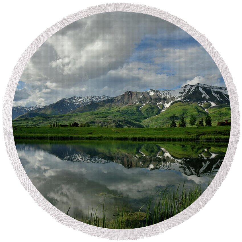 Colorado Round Beach Towel featuring the photograph Mountain Village Mirror Image by Ray Mathis