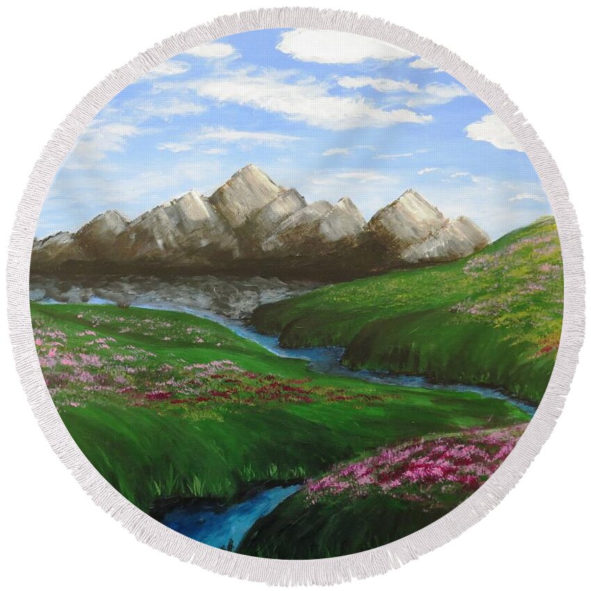  Round Beach Towel featuring the painting Mountains in Springtime by C E Dill