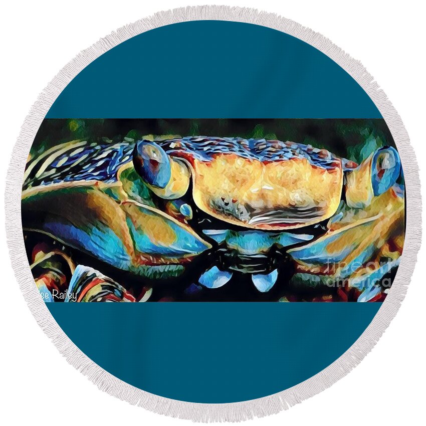 Sea Life Round Beach Towel featuring the mixed media Mr. Crabby by Denise Railey