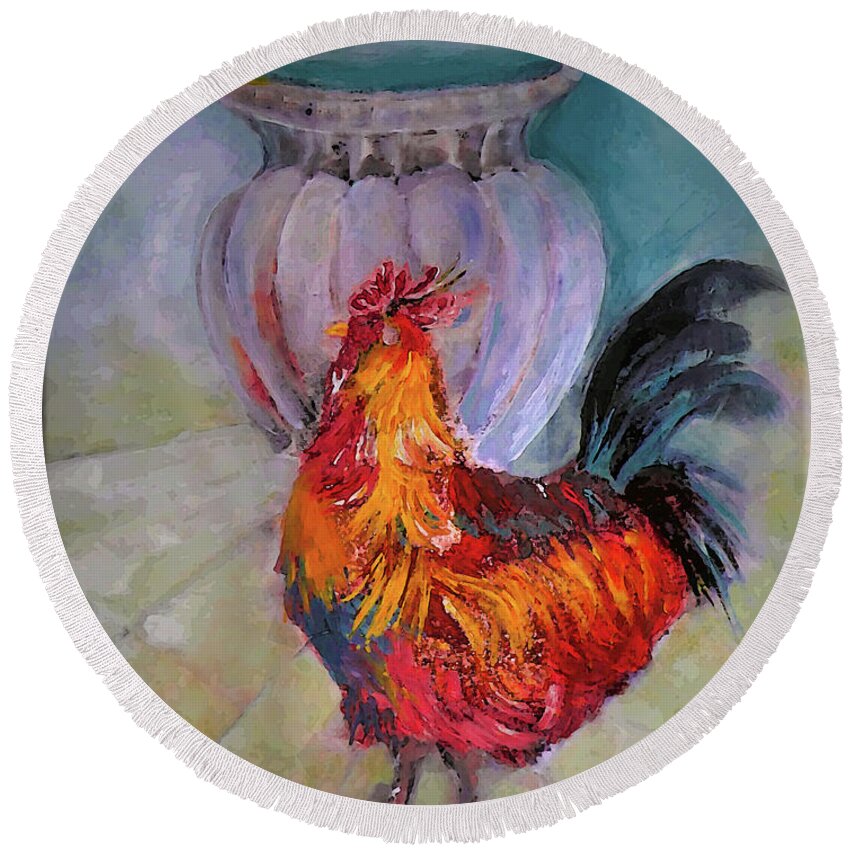 Mr. Round Beach Towel featuring the painting Mr Roosters Roost Pot by Lisa Kaiser