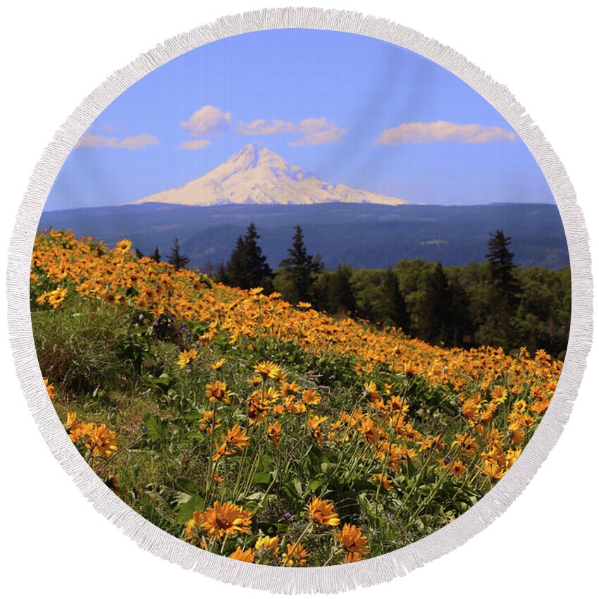 Oak Tree Round Beach Towel featuring the photograph Mt. Hood, Rowena Crest by Jeanette French