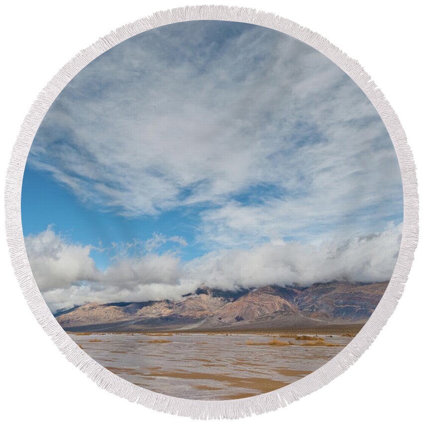 Arid Climate Round Beach Towel featuring the photograph Mud Flats in Panamint Valley by Jeff Goulden