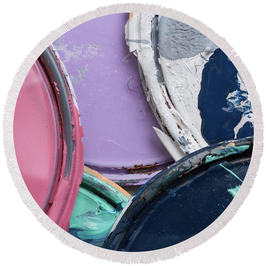 Abstract Round Beach Towel featuring the photograph Multi Color Old Paint Can Lids by Kyle Lee