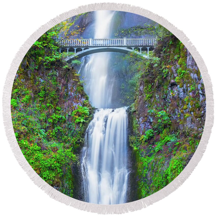 Colors Round Beach Towel featuring the photograph Multnomah Falls by Dheeraj Mutha
