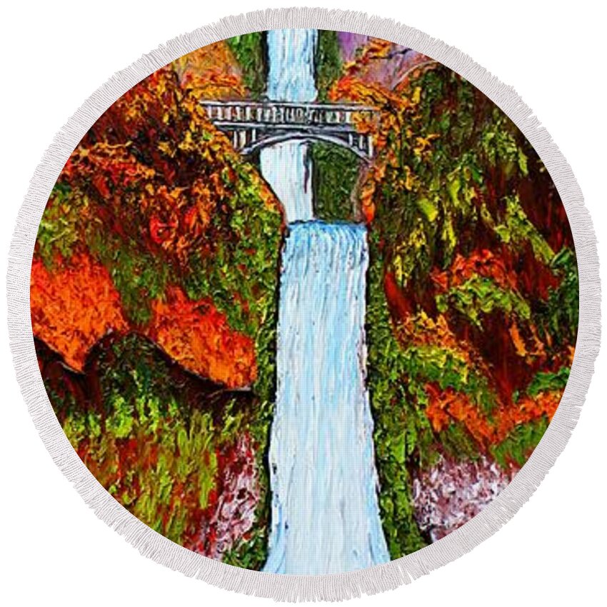  Round Beach Towel featuring the painting Multnomah Falls Water Bridge Of Autumn #2 by James Dunbar