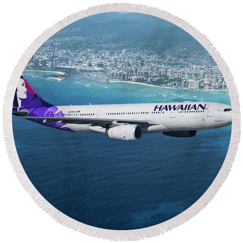 Hawaiian Airlines Round Beach Towel featuring the mixed media My Blue Hawaii Airbus by Erik Simonsen