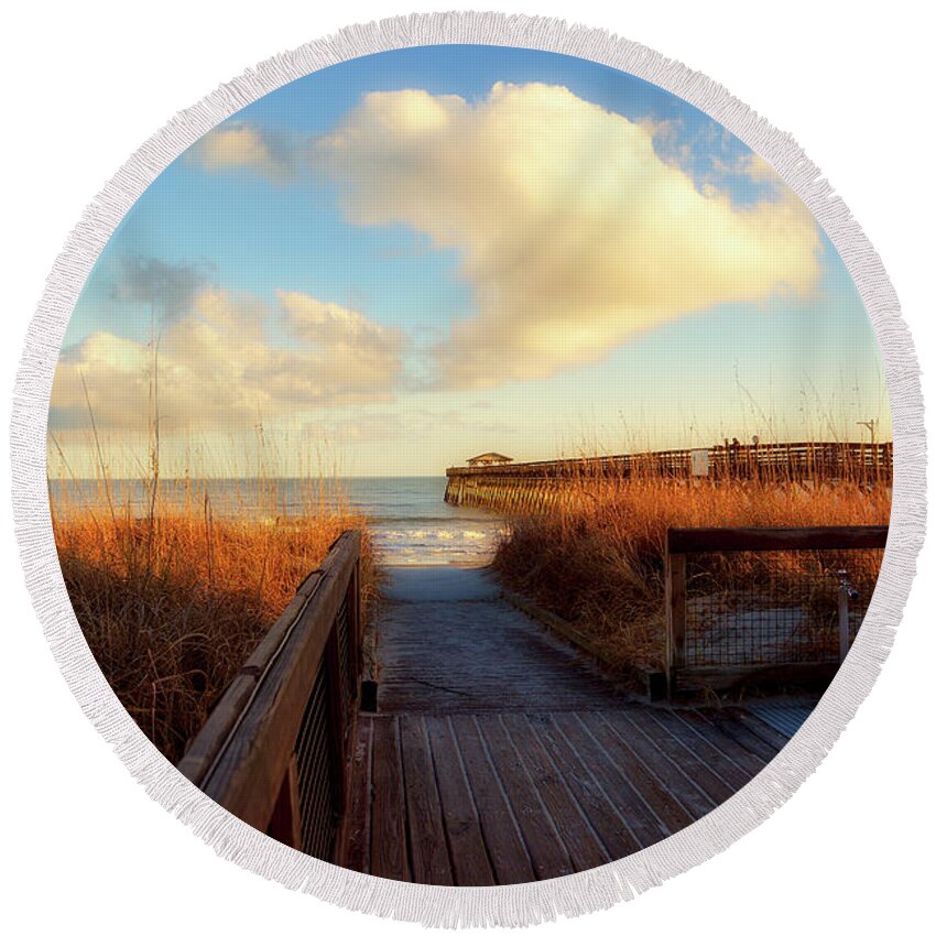 Scenic Round Beach Towel featuring the photograph Myrtle Beach State Park Pier by Kathy Baccari