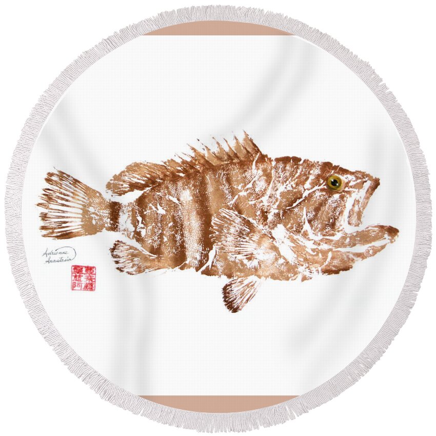Grouper Round Beach Towel featuring the painting Mystic Grouper - Brown by Adrienne Dye