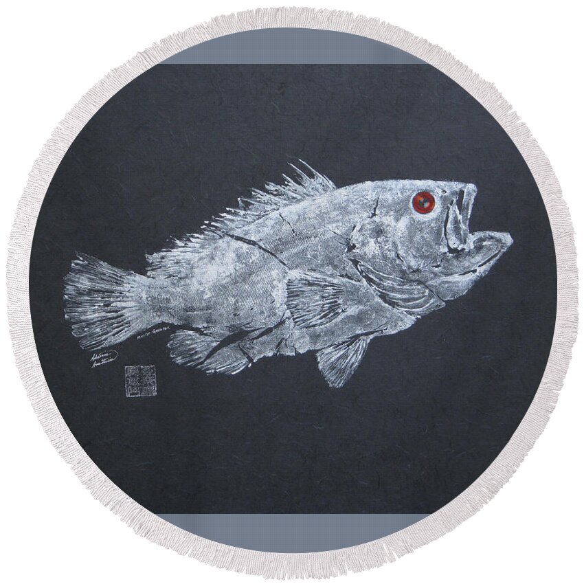 Fish Round Beach Towel featuring the painting Mystic Grouper - Silver by Adrienne Dye