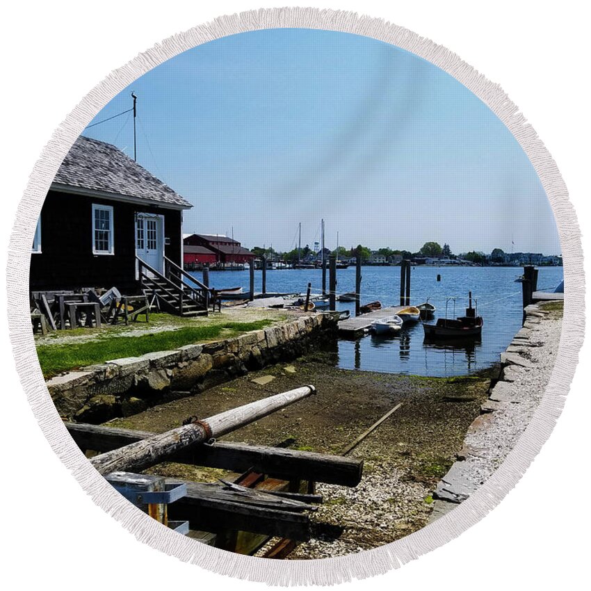 Mystic Seaport Round Beach Towel featuring the photograph Mystic Seaport Architecture by Elizabeth M