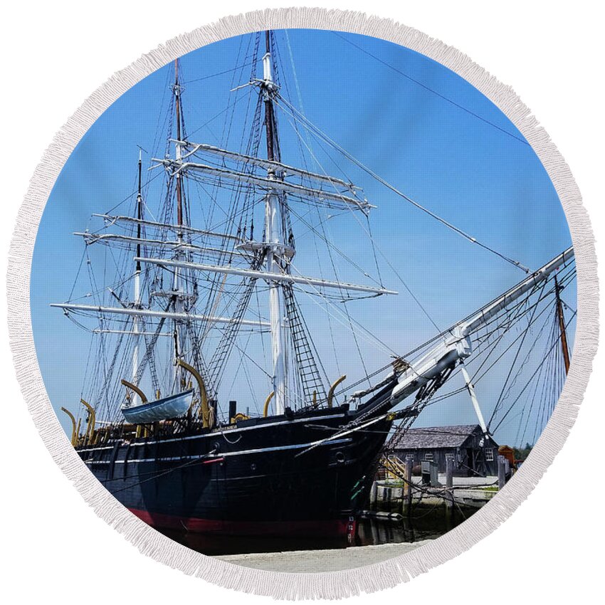 Mystic Seaport Round Beach Towel featuring the photograph Mystic Seaport Vessel by Elizabeth M