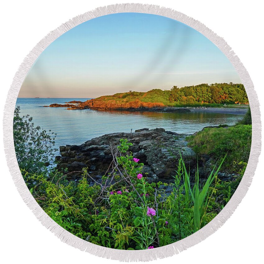 Nahant Round Beach Towel featuring the photograph Nahant MA Egg Rock through the Flowers by Toby McGuire