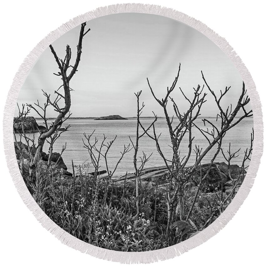 Nahant Round Beach Towel featuring the photograph Nahant MA Egg Rock through the Trees Black and White by Toby McGuire