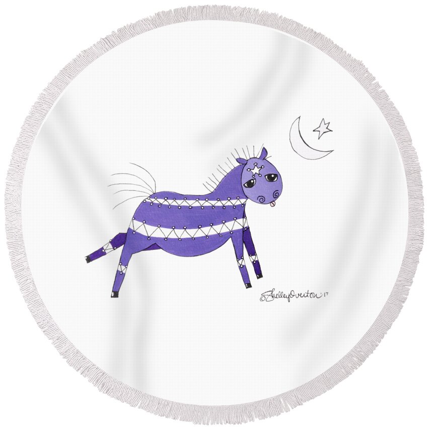 Horse Round Beach Towel featuring the mixed media Native Horsey by Shelley Overton