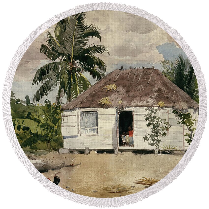 Native Huts Nassau Round Beach Towel featuring the painting Native Huts Nassau by Winslow Homer 1885 by Movie Poster Prints