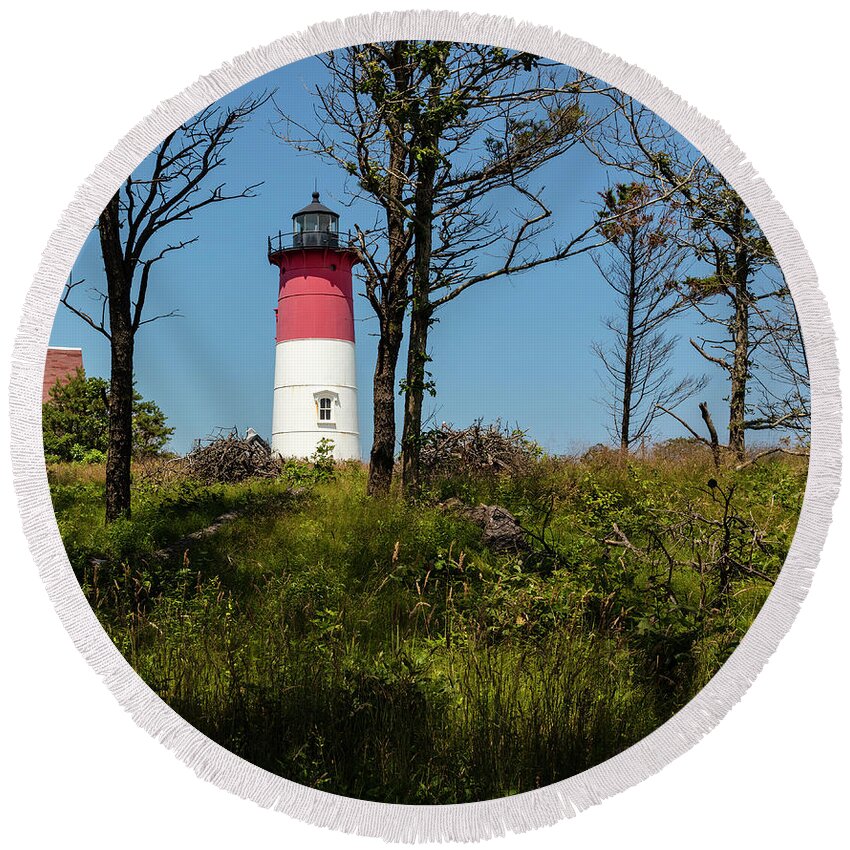 Nauset Lighthouse On The 4th Of July Round Beach Towel featuring the photograph Nauset Lighthouse on the 4th of July by Michelle Constantine