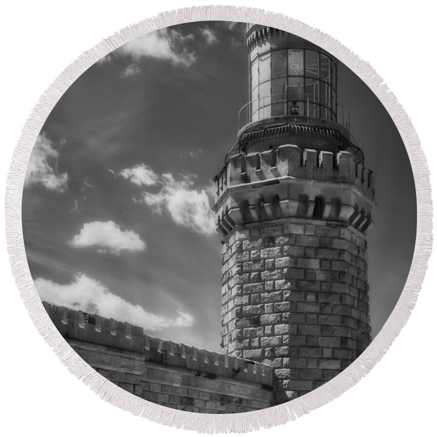 Navesink Light Station Round Beach Towel featuring the photograph Navesink Twin Lights by Susan Candelario