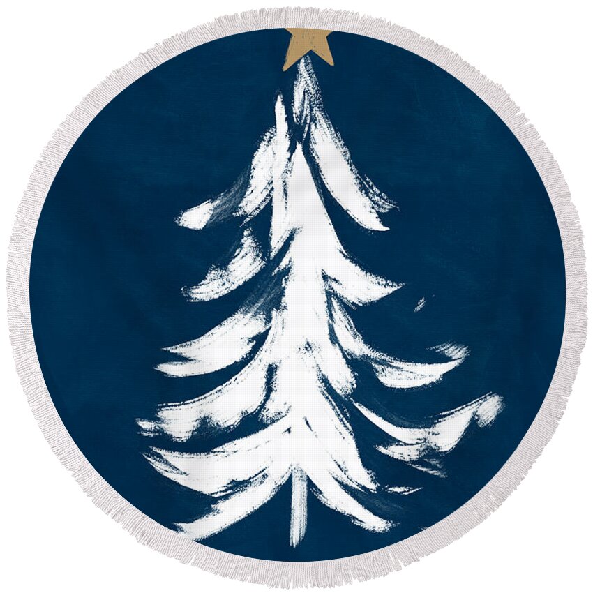 Christmas Round Beach Towel featuring the mixed media Navy and White Christmas Tree 1- Art by Linda Woods by Linda Woods