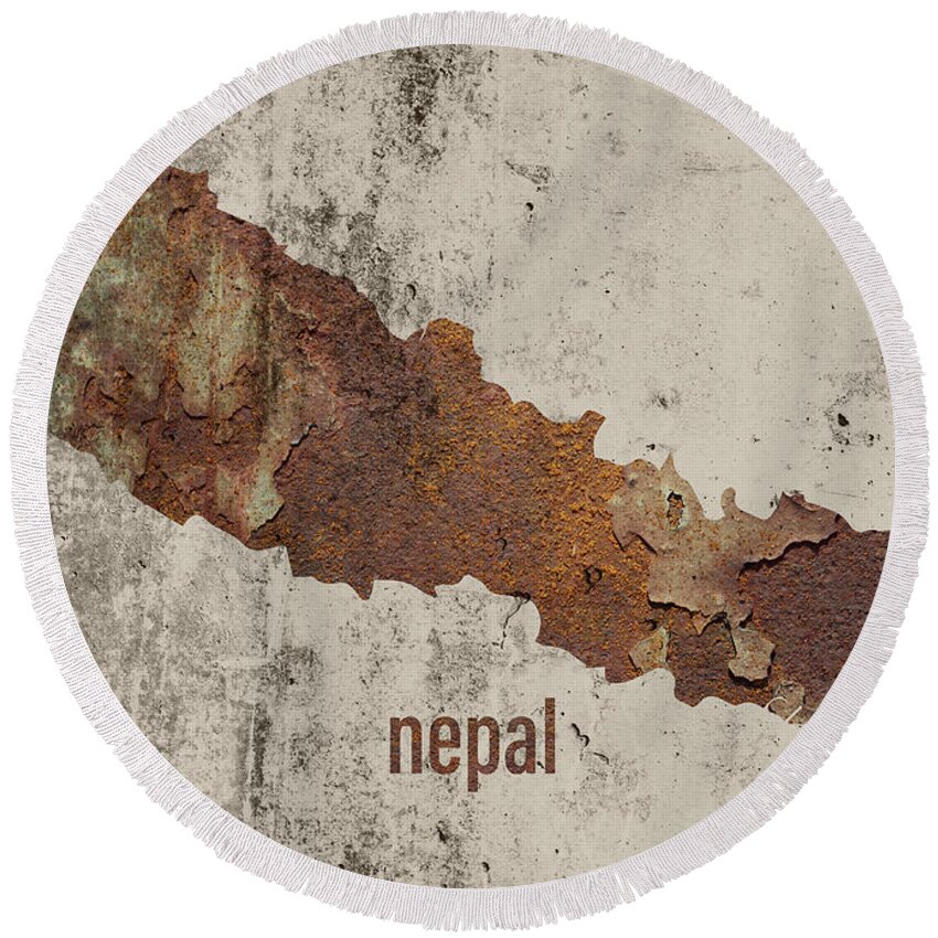 Nepal Round Beach Towel featuring the mixed media Nepal Map Rusty Cement Country Shape Series by Design Turnpike