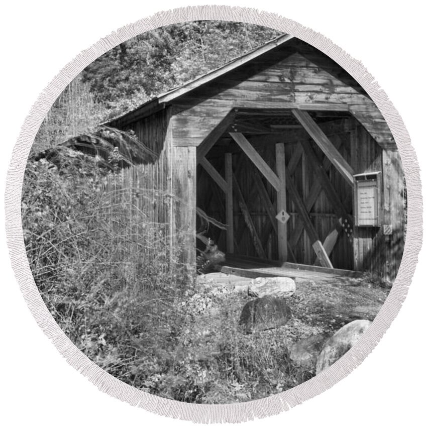 Mcdermott Covered Bridge Round Beach Towel featuring the photograph New Hampshire McDermott Covered Bridge Black And White by Adam Jewell