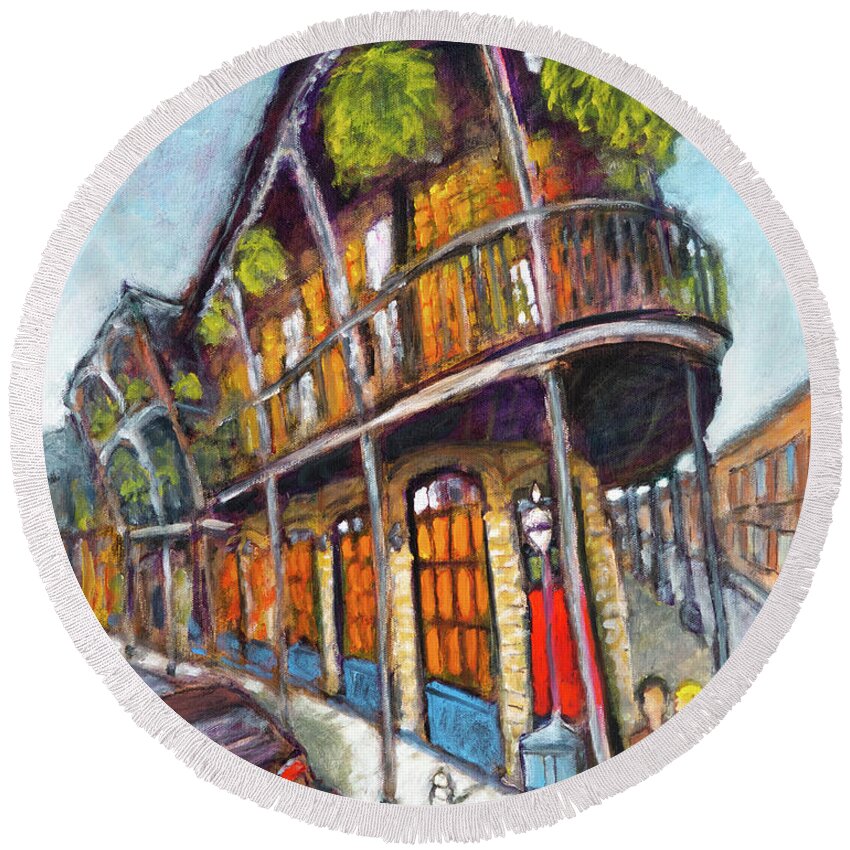 New Orleans Round Beach Towel featuring the painting New Orleans, Royal Ave by Mike Bergen