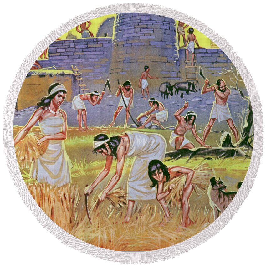 History Round Beach Towel featuring the painting New Stone Age Farmers by Angus McBride