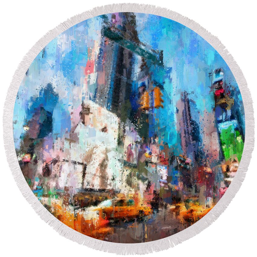 New York Round Beach Towel featuring the painting NEW YORK - Times Square by Vart Studio