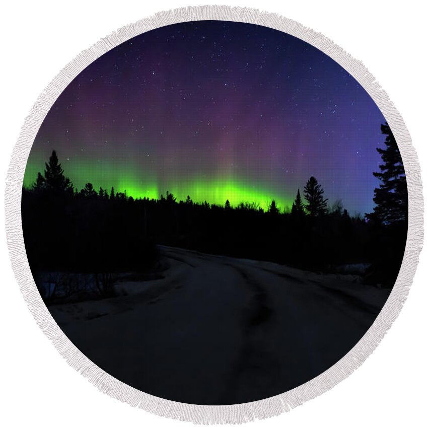 Northern Lights Round Beach Towel featuring the photograph Night Dancer by Susan Rissi Tregoning