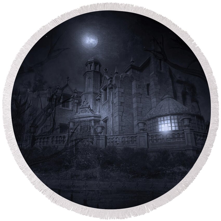 Haunted Mansion Round Beach Towel featuring the photograph Night of the Haunted by Mark Andrew Thomas