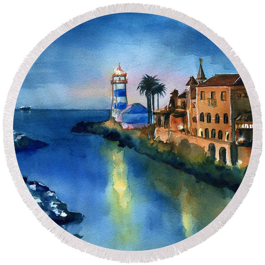 Portugal Round Beach Towel featuring the painting Nightfall in Cascais Portugal by Dora Hathazi Mendes