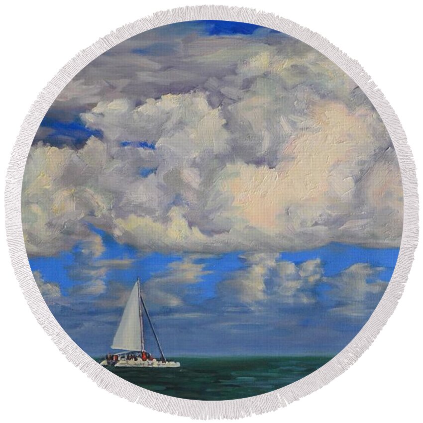 Seascape Round Beach Towel featuring the painting A Moment of Peace by Ningning Li
