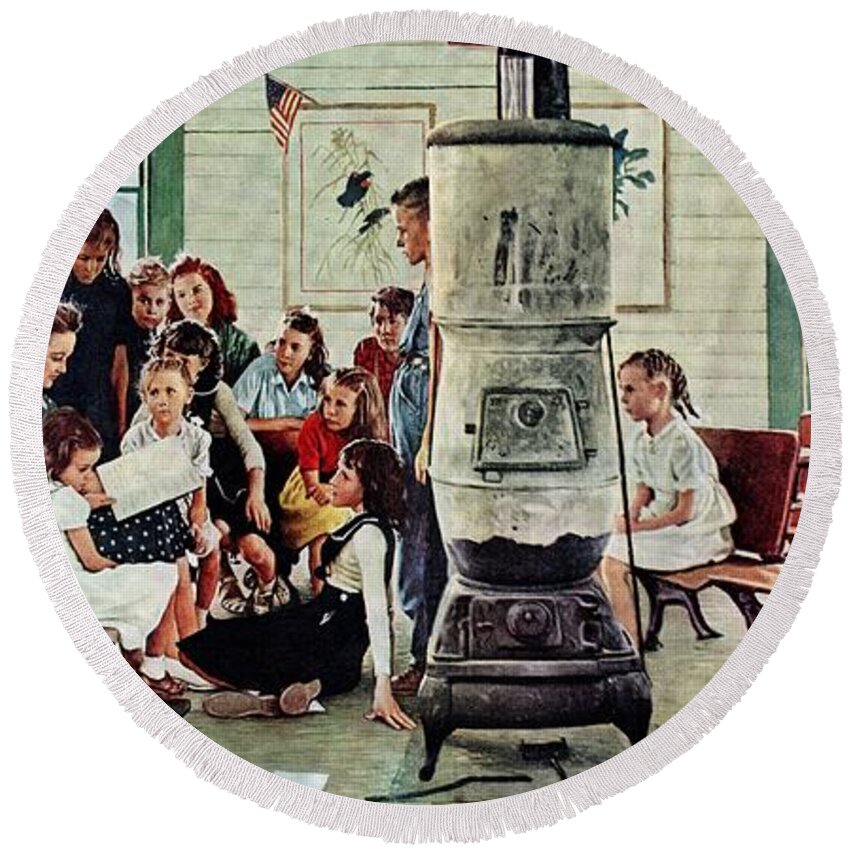 Book Round Beach Towel featuring the drawing Norman Rockwell Visits A Country School by Norman Rockwell