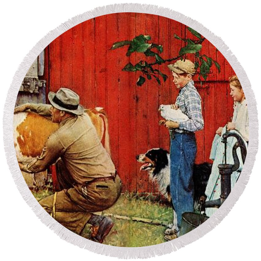 Cow Round Beach Towel featuring the painting Norman Rockwell Visits A County Agent by Norman Rockwell