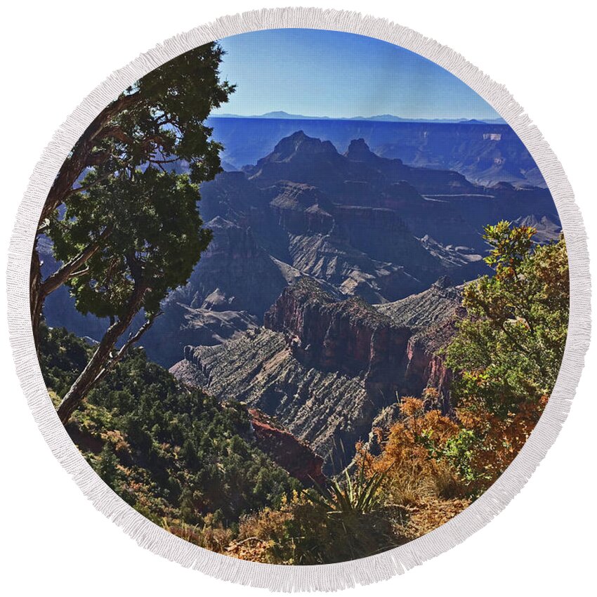 North Rim Grand Canyon Vista Mountains Trees Scrub Round Beach Towel featuring the photograph North Rim Grand Canyon Vista mountains trees scrub 1164 by David Frederick