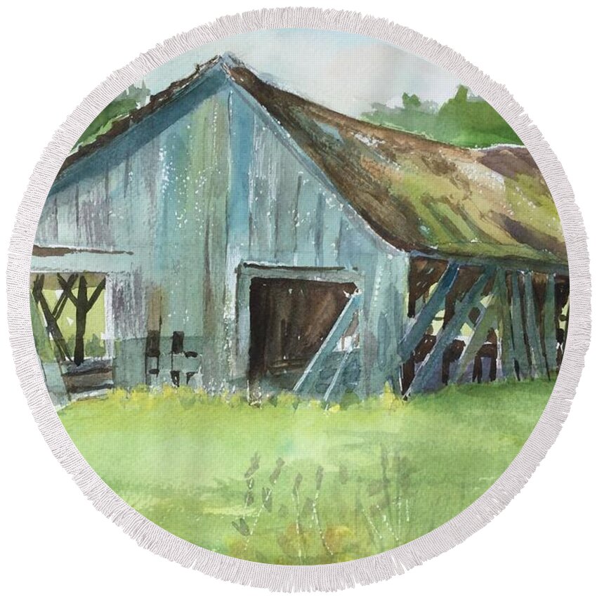 Barn Round Beach Towel featuring the painting Northern State Farm, Skagit Valley by Watercolor Meditations
