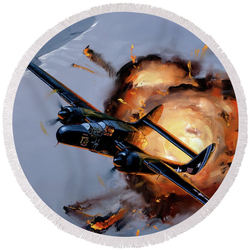 Military Aircraft Round Beach Towel featuring the painting Northrop P-61B Black Widow by Jack Fellows