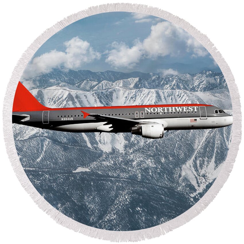 Northwest Airlines Round Beach Towel featuring the mixed media Northwest Airlines A320 by Erik Simonsen
