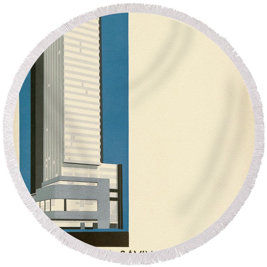 Psfs Round Beach Towel featuring the mixed media Nothing More Modern The Philadelphia Savings Fund Society Building, 1932 by Howe and Lescaze