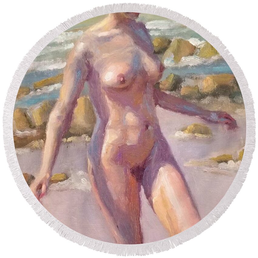 Joaquin Sorrola Round Beach Towel featuring the painting Nude on beach by Jeff Dickson