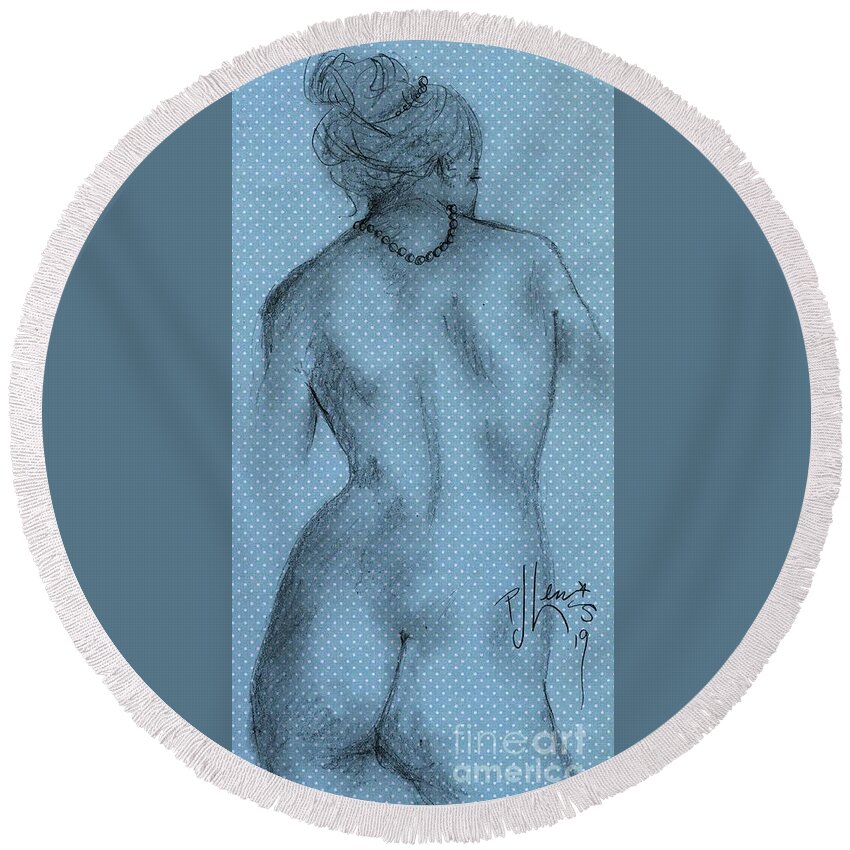 Nude Round Beach Towel featuring the drawing Nude with Pearls by PJ Lewis
