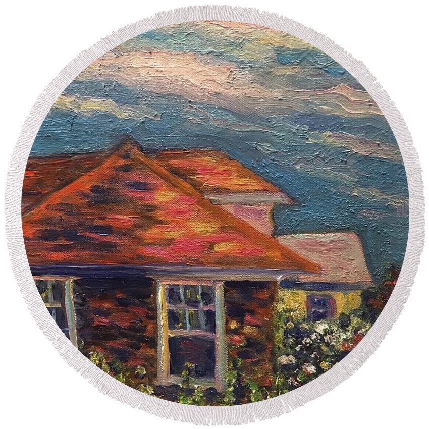 Nyack Round Beach Towel featuring the painting Nyack roof tops by Beth Riso