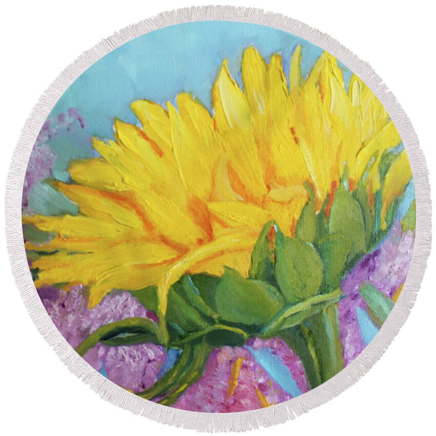 Sunflower Round Beach Towel featuring the painting O Sole Mio by Christiane Kingsley